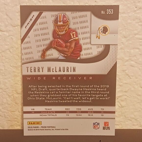 2019 PANINI PRIZM TERRY MCLAURIN SILVER PRIZM ROOKIE CARD #353 - Picture 2 of 2
